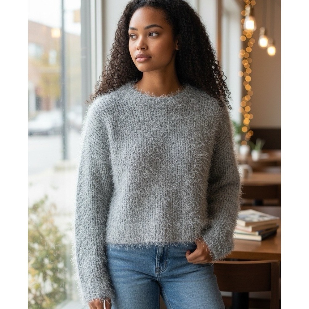 Endless Rose Women's Furry Sweater Round Neck Bell Sleeve Cropped Size Medium